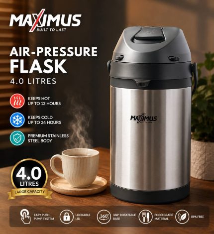 MAXIMUS AIR-PRESSURE LARGR CAPACITY STAINLESS STEEL COLD & HOT WATER FLASK (4L)