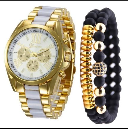 GENEVA MEN’S LUXURY FASHION THREE-EYES STEEL GOLD BLENDED WRISTWATCH SET - WATCH & DOUBLE BRACELET (STYLE 002) 

[AVAILABLE COLOURS: Gold/White (White Face), Gold/Cream (Gold Face)]
