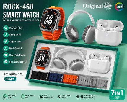 7in1 ROCK-460 BLUETOOTH CALLING SMARTWATCH & DUAL EARBUDS GIFT SET (4 STRAPS EDITION)