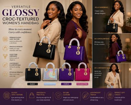 VERSATILE GLOSSY CROC-TEXTURED WOMEN’S HANDBAG