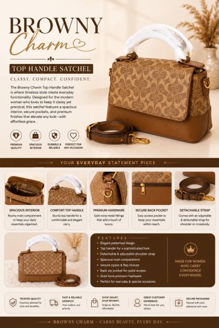 BROWNY CHARM TOP HANDLE SHOULDER & CROSSBODY SATCHEL HANDBAG