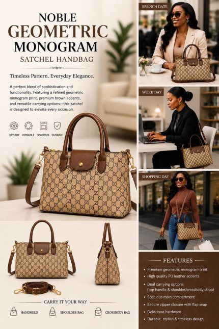 NOBLE GEOMETRIC MONOGRAM SATCHEL HANDBAG - BROWN