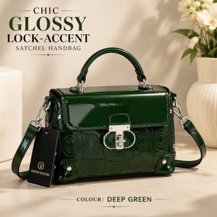 CHIC GLOSSY LOCK-ACCENT SATCHEL HANDBAG