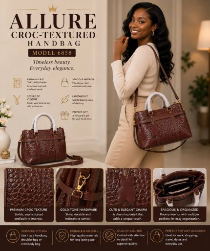 ALLURE CROC-TEXTURED GENUINE LEATHER HANDBAG – MODEL 6858