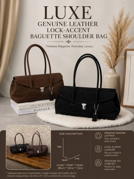 LUXE GENUINE LEATHER LOCK-ACCENT BAGUETTE SHOULDER BAG — MODEL 6817